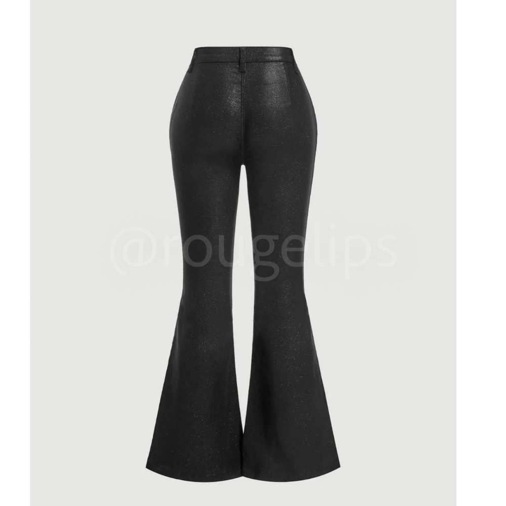 Black Faux Leather Wax Coated Jeans Flared Leg Bell Bottom High Waist - Picture 13 of 16